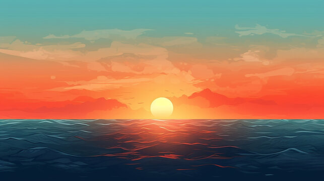 generative AI image of an illustration of a beautiful sunset in a exotic landscape about summer holidays 