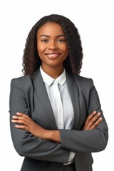 Smiling young African American businesswoman, successful, posing confidently with crossed arms for the camera. Generative AI