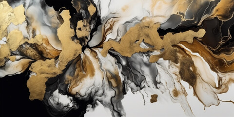 Abstract white, black and gold alcohol ink art background. Generative AI illustration