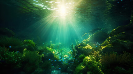 Fototapeta na wymiar Underwater sunlight through the water surface seen from a rocky seabed with algae. Generative AI