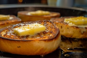 close-up of toasted English muffins with melting butter