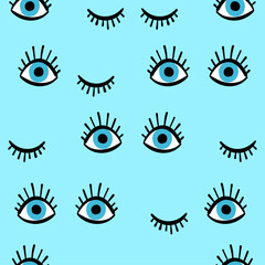 Vector pattern with hand drawn doodle eyes. Trendy seamless background with open and winking or closed eyes. - funny hand drawn doodle, seamless pattern. sleeping beauty.
