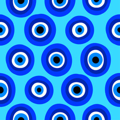 Evil eyes seamless pattern - blue abstract hand drawn greek eye talismans. Fashionable illustration. Freehand doodle dots in cartoon style.