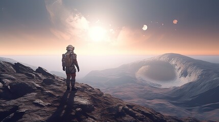 Fototapeta na wymiar A stunning scene of an astronaut standing on the edge of a lunar cliff generative ai