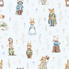 Seamless pattern with vintage, variety of cute animals in clothes and meadow dried flowers on blue paper texture background. Watercolor hand drawn illustration sketch © Mimomy