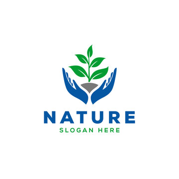 Human hands and tree with leaf logo design. Nature care logo design