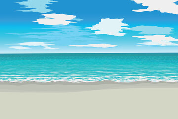 Ocean Coast. White sand beach with big waves and clear blue sky, illustration vector