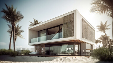 Fototapeta premium Beautiful modern house with textile facade at the beach with palm trees. Generative AI