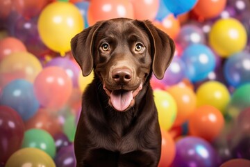Multi-colored balloons and funny dog, puppy, kitty. Holiday. Birthday. Gift