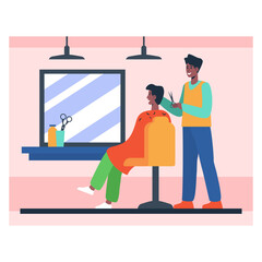 Hairdresser trim client hair. Male vector character in barber shop. Employee of barbershop gives man new hairstyle. Professional hair care. Change of style