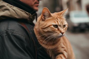 Fototapeta na wymiar cat sitting on the hands of a walking man, Generative AI