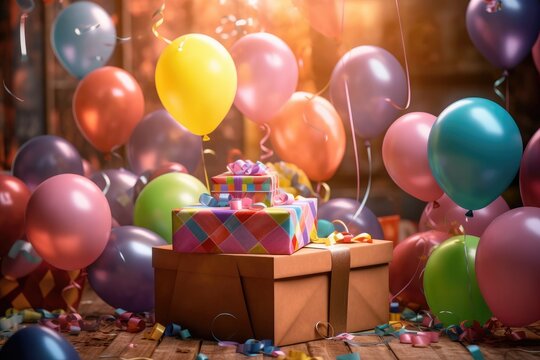 Multi-colored balloons and a gift on flat. Holiday. Birthday.
