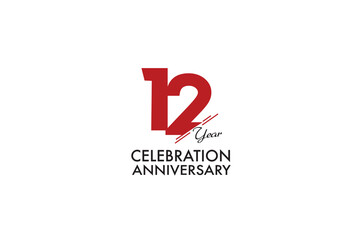 12th, 12 years, 12 year anniversary anniversary with red color isolated on white background, vector design for celebration vector