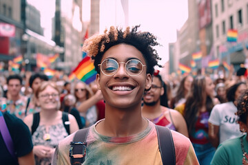 Generative AI image of a young happy teenager at pride march in a city. 