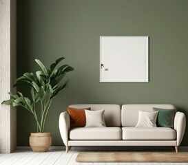 Warm and Stylish Spring Living Room Decor with Mockup Poster Frame. Home Decor.
