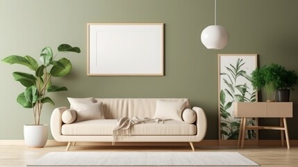 Cozy Spring Living Room Interior with Mockup Poster Frame. Home Decor.