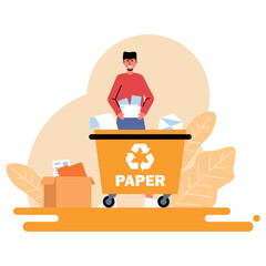 Young male holding paper, standing near container of recycling and throw out trash. Health and green environment, eco lifestyle. Colorful flat vector illustration in orange colors