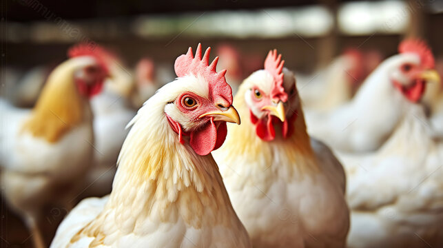 Broiler chickens eat food on a poultry farm, Food industrial production of chicken. Generative AI