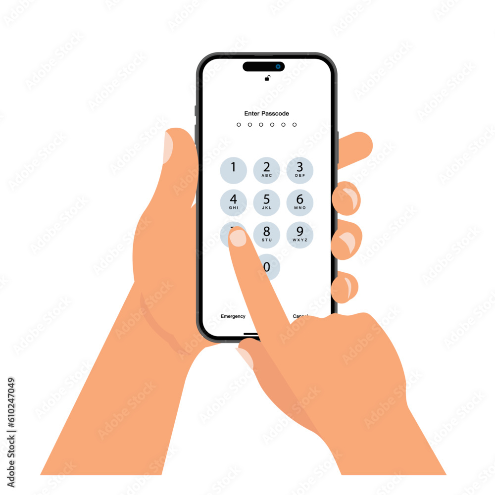 Poster hand holding smartphone with unlock screen and button. flat design illustration of people hand holdi