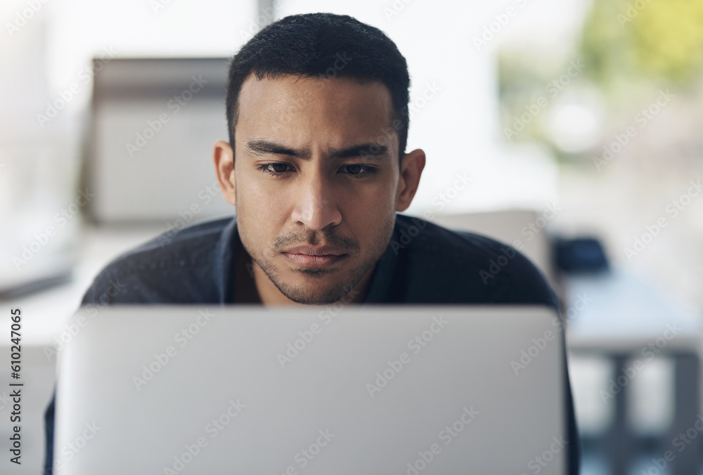 Poster Laptop, focus and business man reading online for information technology, software development or web coding. Code, programming and serious IT person on computer for system review, analysis or check