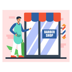 Male character invites to barbershop. Professional is waiting for client for haircut and styling. Advertisement of men hairdressing services. Color vector image in flat style