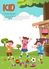 Cute children play outside. template for advertising brochures, ready for your text,  poster, background, website.Style of kids drawings.