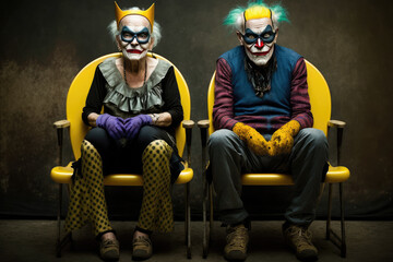 Senior man and woman sitting on chairs dressed and painted in joker style and blue and yellow colors, generative AI.