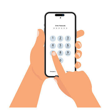 Hand holding smartphone with unlock screen and button. Flat design illustration of people hand holding smartphone with login screen and entering PIN code. Vector.
