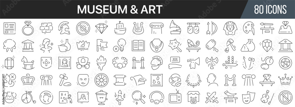 Poster museum and art line icons collection. big ui icon set in a flat design. thin outline icons pack. vec