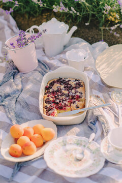 rustic picnic in nature, homemade cakes and flowers