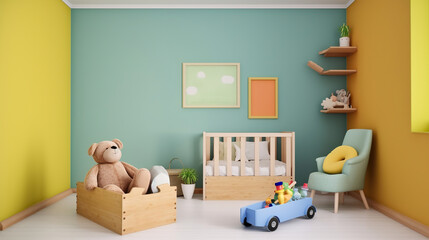Children's room with bright color wall, interior details. Generative AI