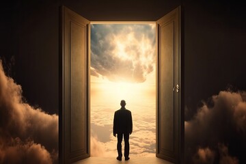 Human soul says goodbye to earthly life and rises to heaven. A man stands in front of an open door in the clouds, the concept of dreams and doors to heaven, generative AI. - obrazy, fototapety, plakaty