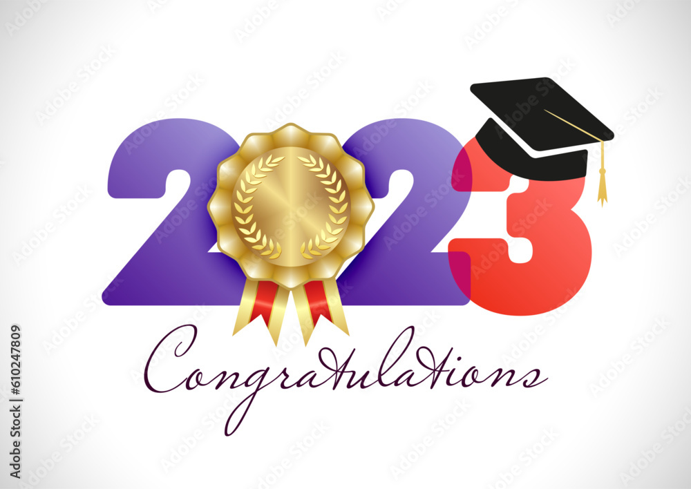 Wall mural Congratulations for graduating class off 2023. Creative prom banner. Typographic logo design. Educational awards icon. Isolated title of 20 23 school year. Golden badge, certificate or diploma element - Wall murals