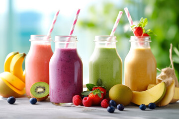 fruit and vegetable smoothies in glass bottles with straws and fruits, berries on the wooden table, Generative AI