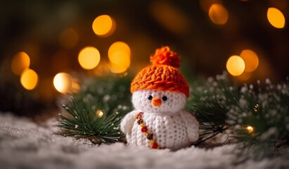 Happy knitted snowman on blurred background of Christmas market. Generative AI.