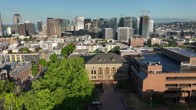 Aerial view of Seattle Central's brick campus sitting among Seattle's Capitol Hill neighborhood.