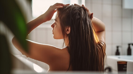 Nourishing Ritual, Young Woman Applying Coconut Oil to Her Hair in the Bathroom. Generative AI