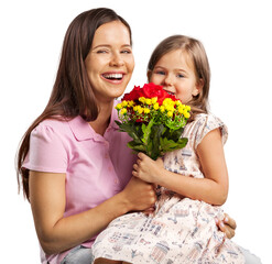 Mother and cute daughter with a bouquet of flowers