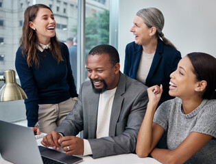 Computer, excited and business people with celebration, success and laughing for internet meme or company growth. Planning, working and corporate group or team of women and men on laptop in office