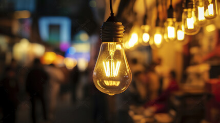 Soft focus of Light bulb night time in market shop with walking Street. Generative AI