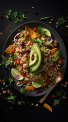 Fototapeta premium The photo showcases a colorful and appetizing salad plate filled with fresh ingredients. Crisp lettuce forms the base, complemented by juicy tomatoes, crunchy cucumbers, vibrant purple cabbage, and gr