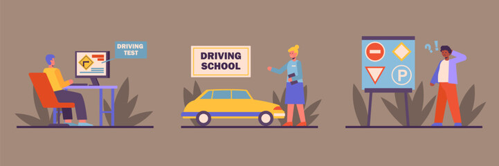 Stages of learning at driving school. Theory and practice. Students study road signs and pass test. Preparation for obtaining driver license. Set of illustrations for advertising driving school