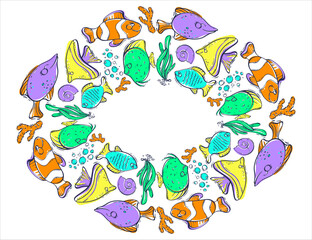 Cute decorative frame with marine life. Colorful fish, algae, shells and corals. Inhabitants of the underwater world. Vector illustration in doodle style.