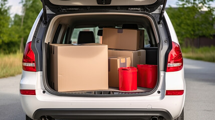 Open Car Trunk and Moving Boxes in Outdoor Setting. Generative AI