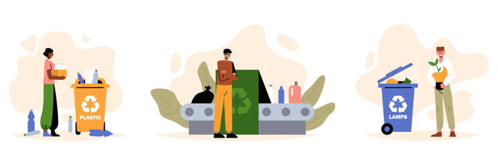 Set of different people collecting garbage. Man collects used lamps, woman takes plastic bottles for recycling. Green environment concept. Colorful vector illustration in flat design