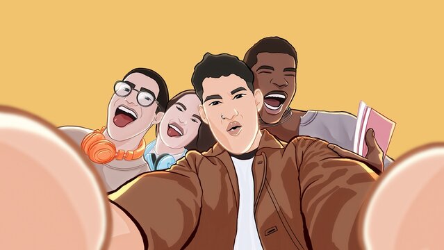  illustration of smiling multicultural student friends taking a selfie on yellow background