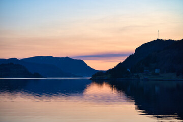Fjord with view of mountains and fjord landscape in Norway. Landscape shot