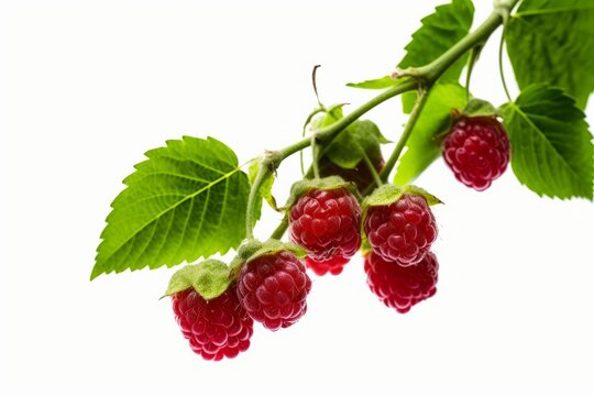 raspberries tree branch with green leaves nature on air white background generative AI