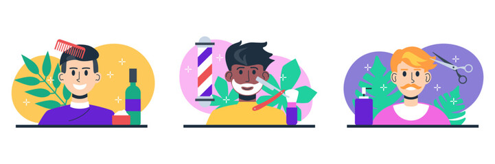 Set of illustrations about care of men hair, beard, mustache. Men in barbershop. Stylish haircut, neat shaving, fashionable hair styling. Hairdresser, barber service