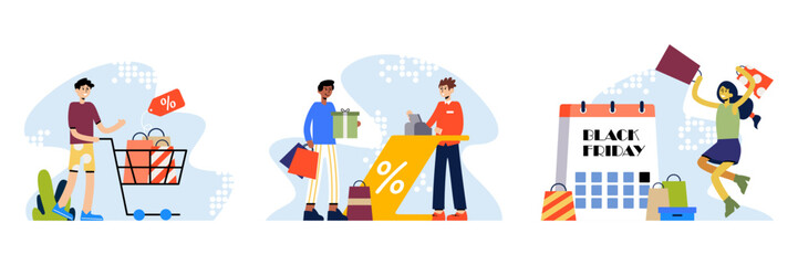 Set of illustrations about black friday. Male and female vector characters are happy with discounts in stores. Happy shopping. Large purchases at reduced prices. Grand sale
